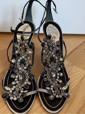 Rene Caovilla Black Crystal Floral T-Strap Sandals